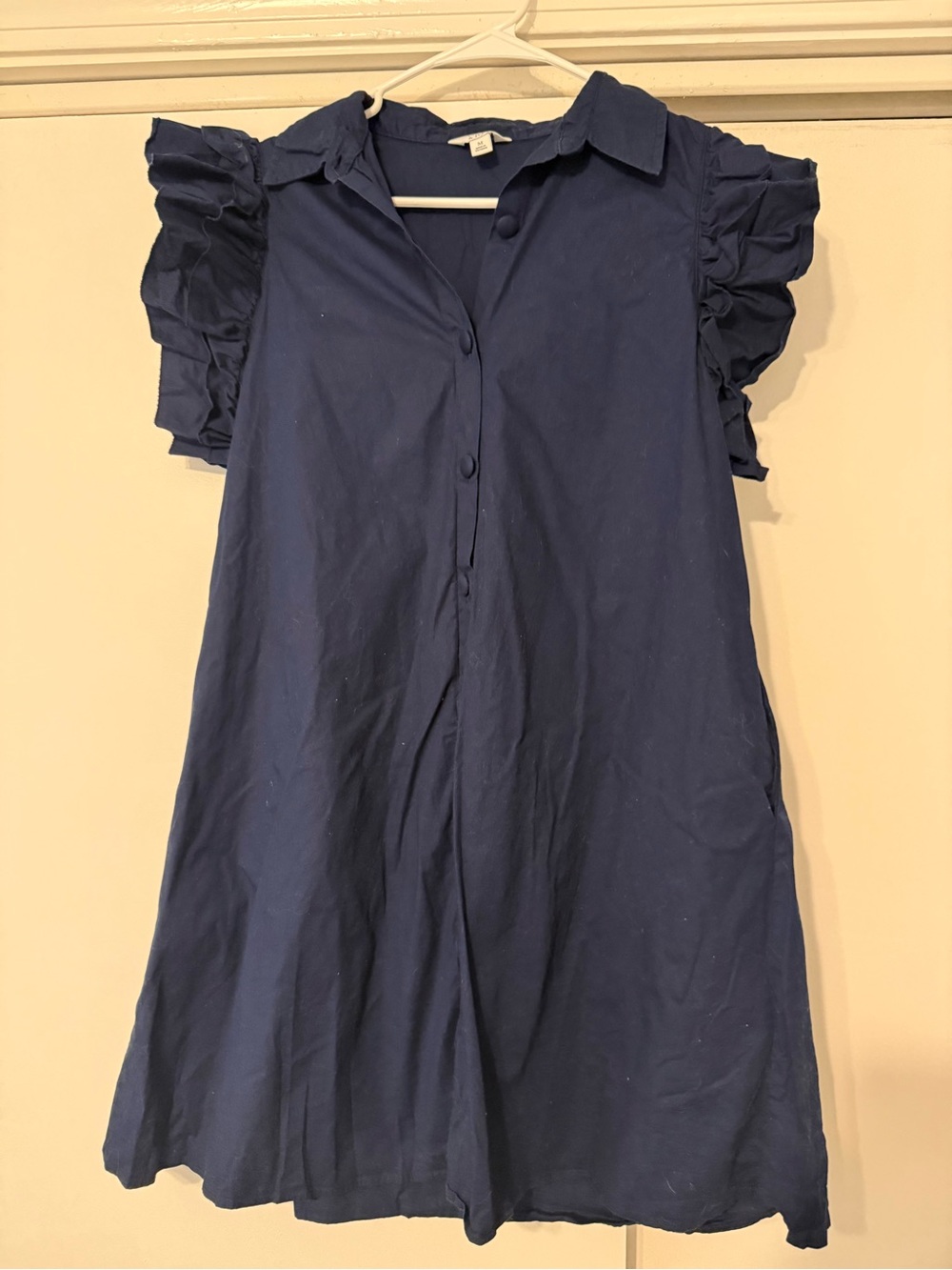 crown & ivy Navy Ruffle Sleeve Button-Front Blouse